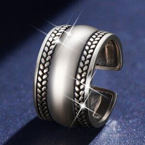 Thick Wide Band banded 925 Sterling Silver Stamp Open Cuff Ring Adjustable